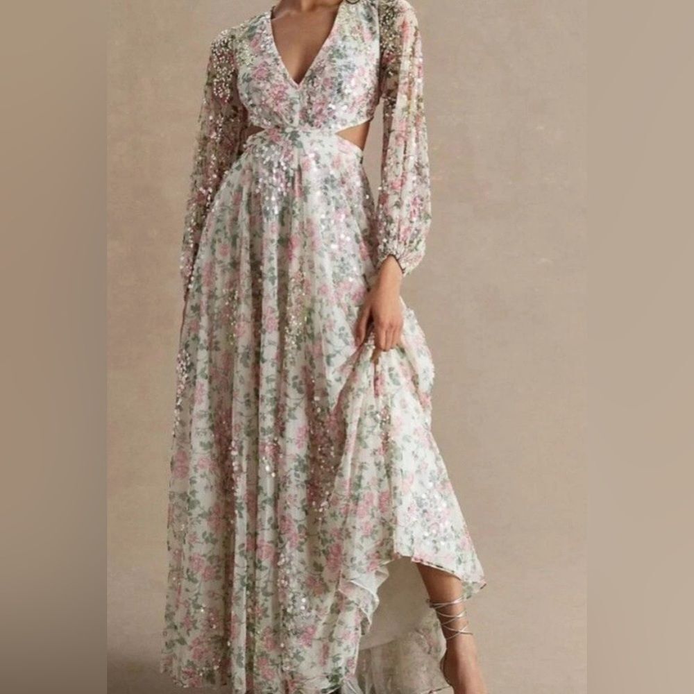 Mac Duggal Floral Sequined Cut Out Lace Up Gown Prom Dress Party 16 NWT